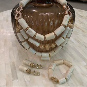 Cream Stone Necklace Earring and Bracelet Set